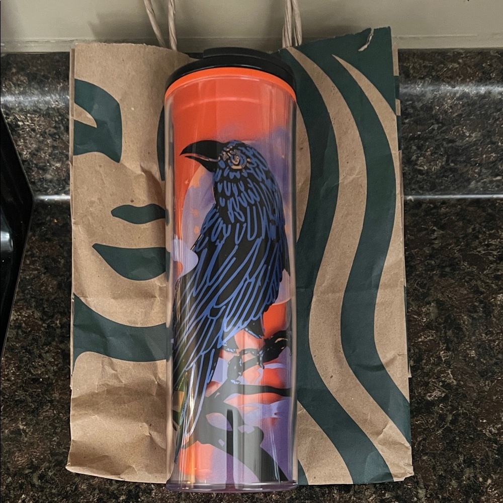 Starbucks Raven/Crow (?) Tumbler Orange and Blue Design